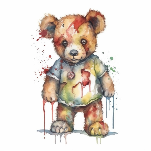 Акварельный рисунок медведя в рубашке с надписью «зомби».