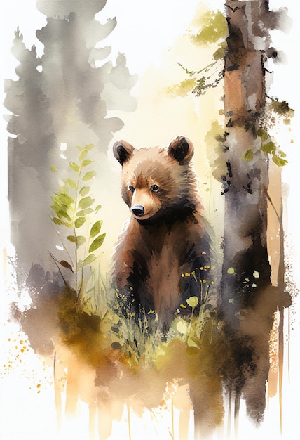 A watercolor painting of a bear in the woods