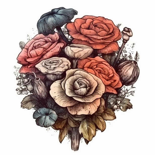 Watercolor painting of a beautiful bouquet of flowers and mushrooms