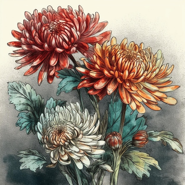 Watercolor painting of beautiful Chrysanthemums