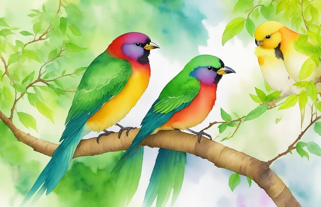 Watercolor painting of beautiful colorful bird sitting on the branch of green tree