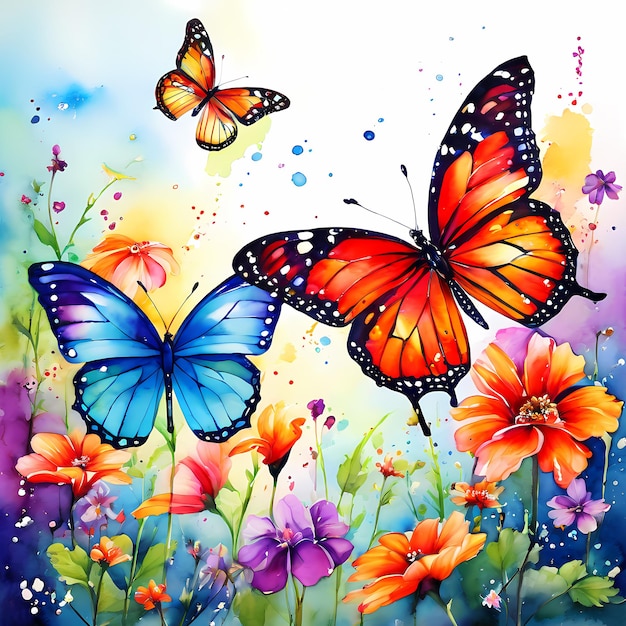 Watercolor painting of beautiful colorful butterflies and flowers illustration