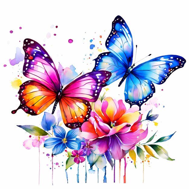 Watercolor painting of beautiful colorful butterflies and flowers illustration