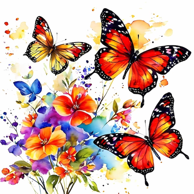 Watercolor painting of beautiful colorful butterflies and flowers illustration