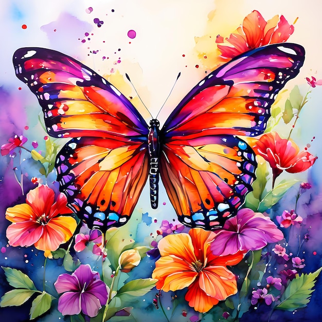 Watercolor painting of beautiful colorful butterflies and flowers illustration