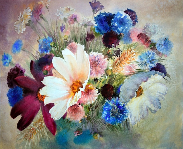 Watercolor painting of the beautiful flowers.