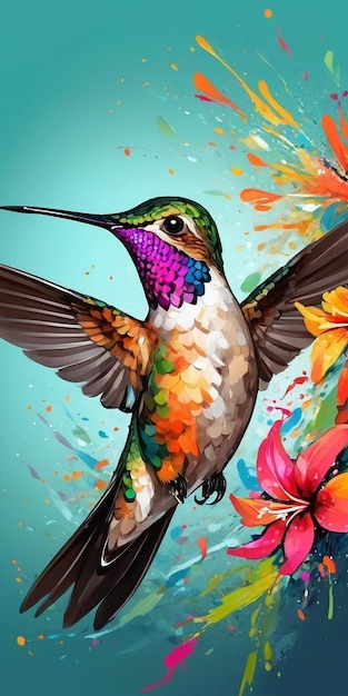 Акварельная картина красивого колибри с цветами на заднем плане