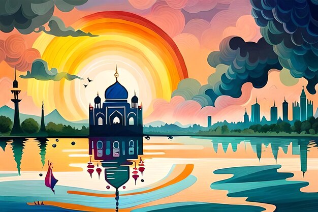 A watercolor painting of a beautiful Mosque