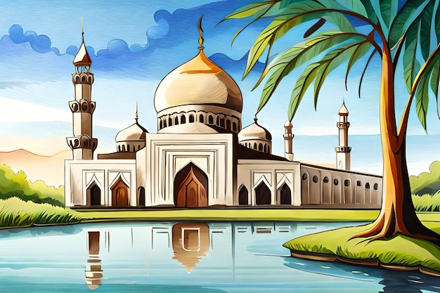 Photo a watercolor painting of a beautiful mosque