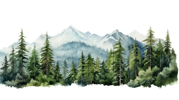 Watercolor painting of beautiful mountains mountain peak landscape with forest Panorama banner