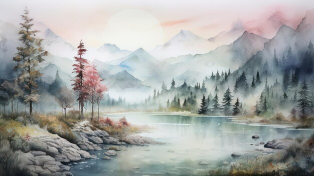 Photo watercolor painting of a beautiful natural landscape