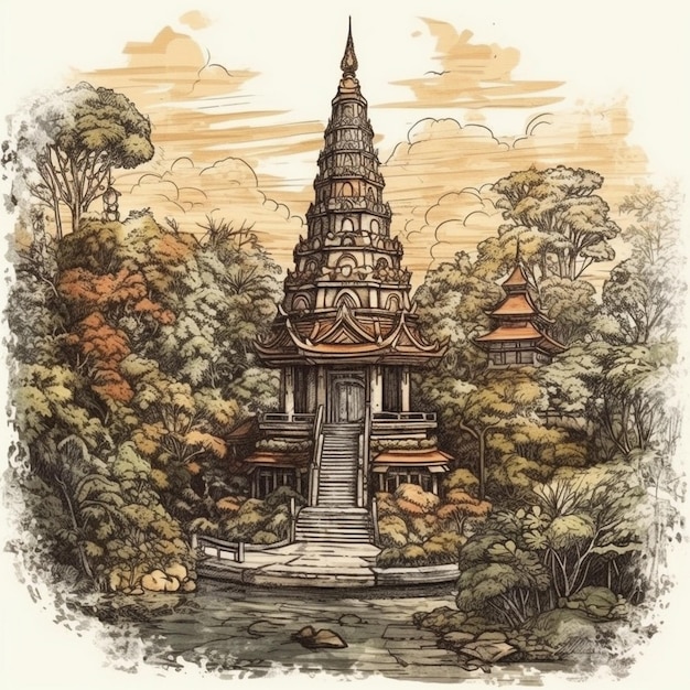 Watercolor painting of a beautiful temple