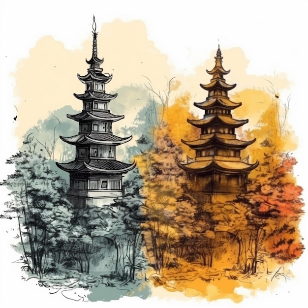 Watercolor painting of a beautiful temple