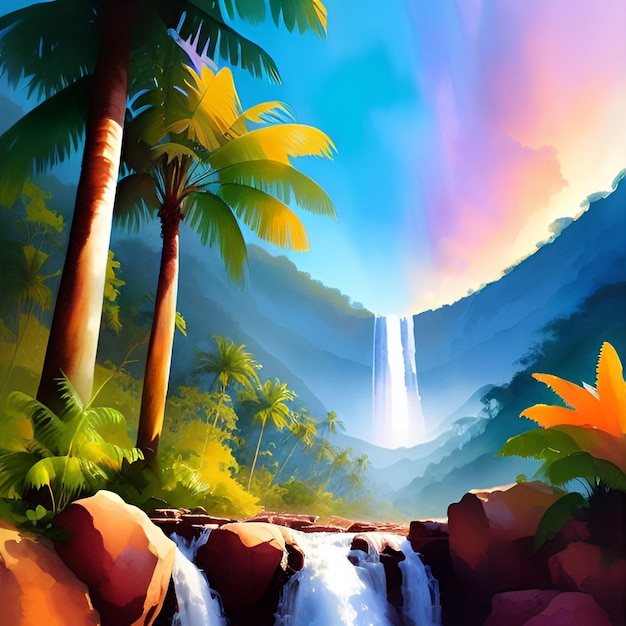 Foto pittura ad acquerello di una bellissima cascata tropicale nella giungla paesaggio artistico digitale