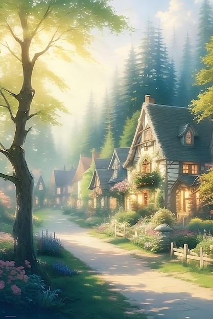 魔法の森の真ん中にある美しい村の水彩画