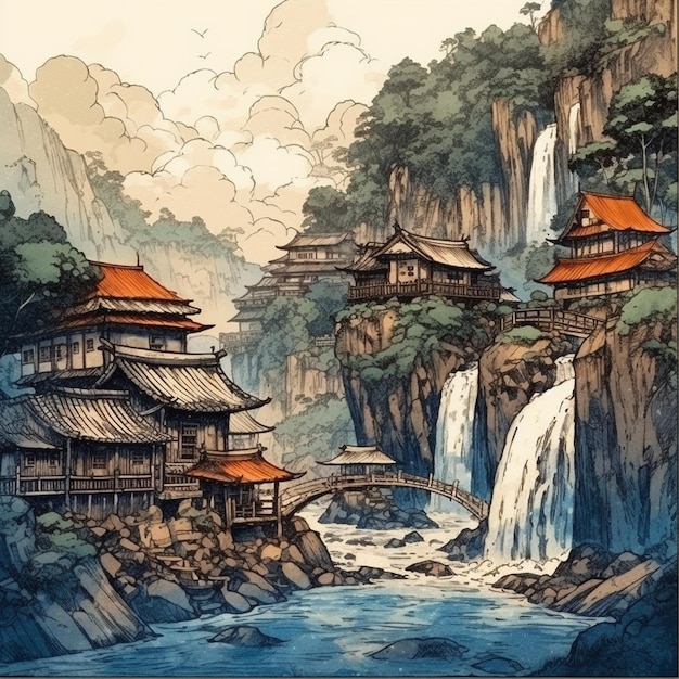 Watercolor painting of a beautiful village