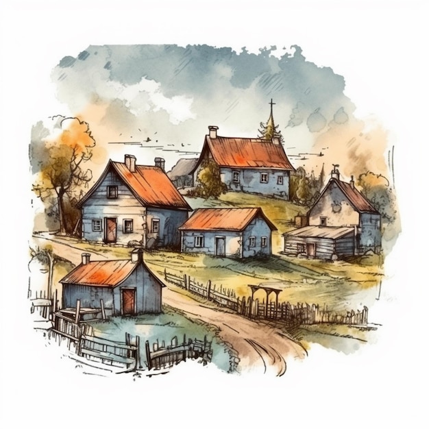 Watercolor painting of a beautiful village