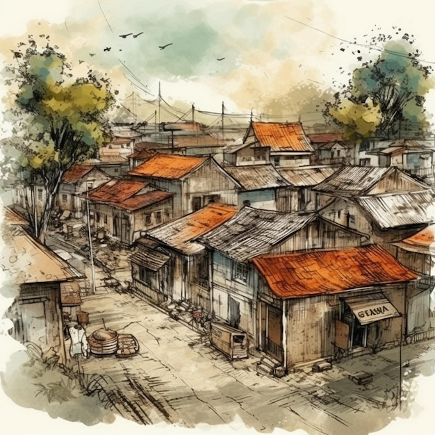 Watercolor painting of a beautiful village