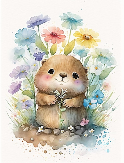 A watercolor painting of a beaver holding flowers