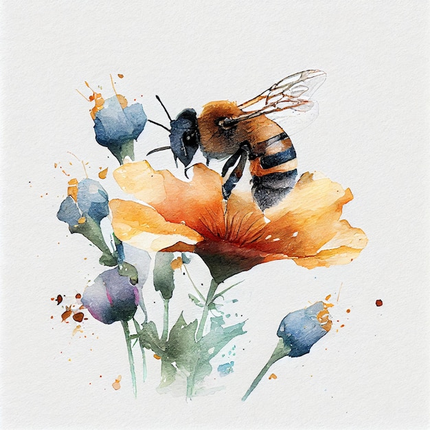 A watercolor painting of a bee on a flower