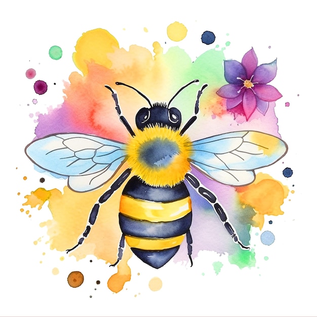 A watercolor painting of a bee with a flower on it.