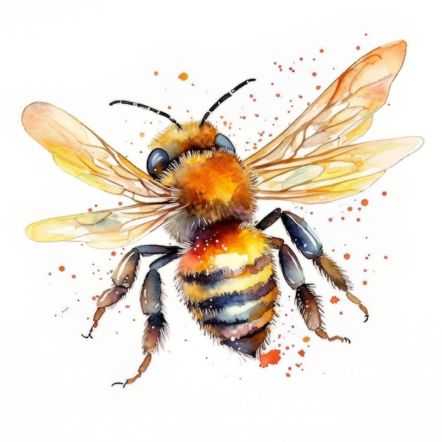 A watercolor painting of a bee with orange splatters.