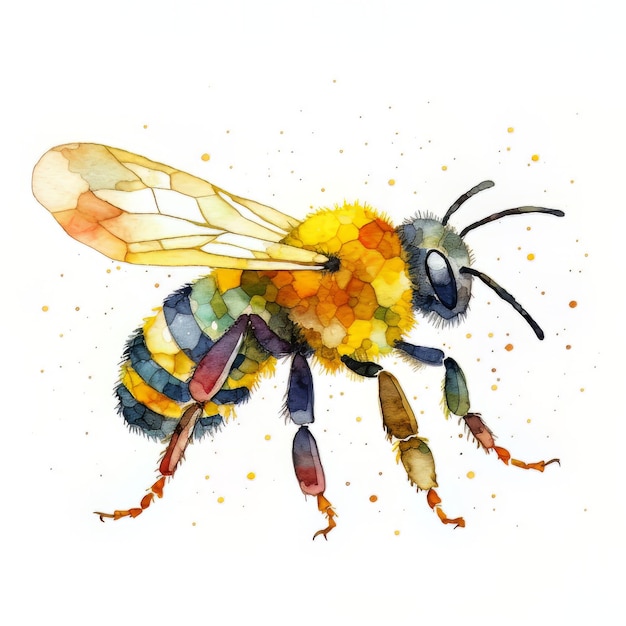 Watercolor painting of a bee with orange and yellow dots