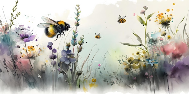 A watercolor painting of bees flying over flowers.