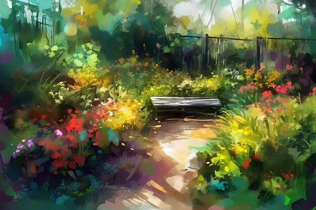 Photo watercolor painting of a bench in a garden with colorful flowers