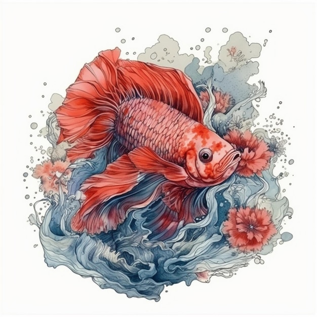 ベタ魚の水彩画