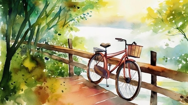 Watercolor painting of a bicycle on a bridge