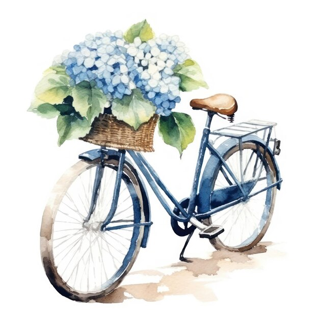 Foto un dipinto ad acquerello di una bicicletta con un cesto pieno di ortensie.