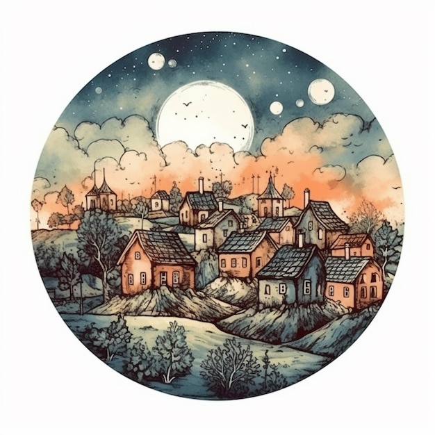 큰 마을의 수채화 그림