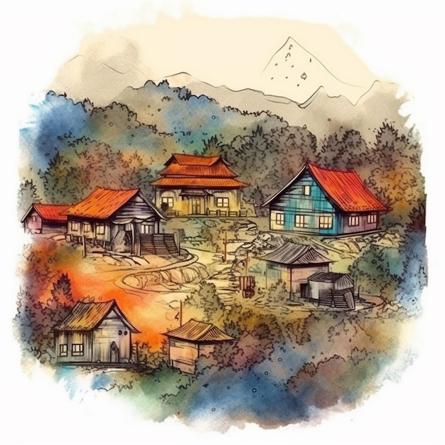 Watercolor painting of a big village