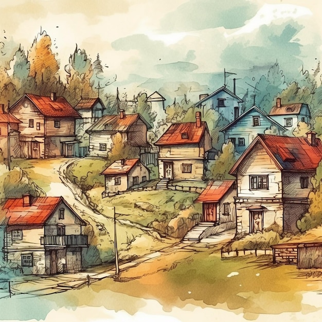 Watercolor painting of a big village