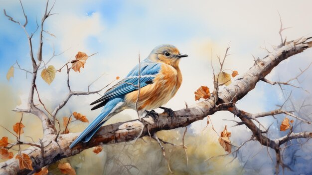 Photo a watercolor painting of a bird perched on a branch with a blue sky in the background ai generative