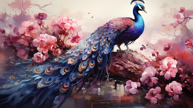 Watercolor painting of a bird on a tree branch Beautiful peacock