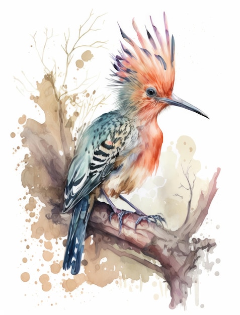 a watercolor painting of a bird on a tree branch