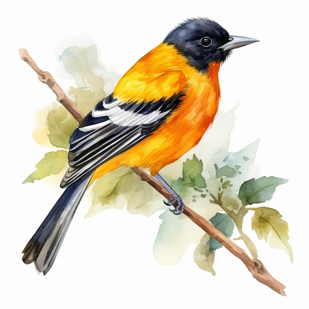 A watercolor painting of a bird with a black and orange bird on a branch.