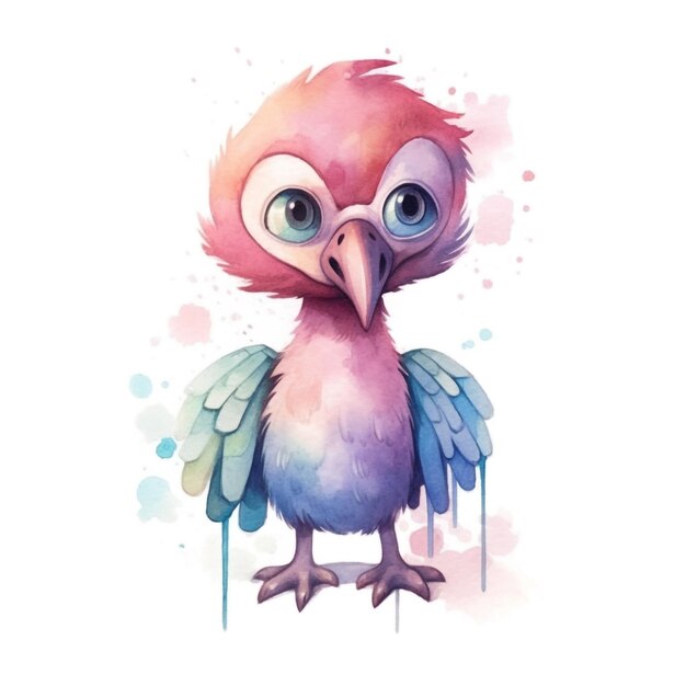 A watercolor painting of a bird with a blue eye and a pink beak.