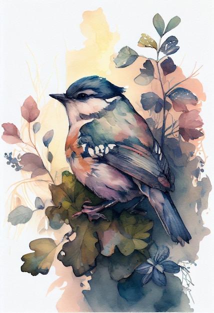 A watercolor painting of a bird with a blue head and a white head