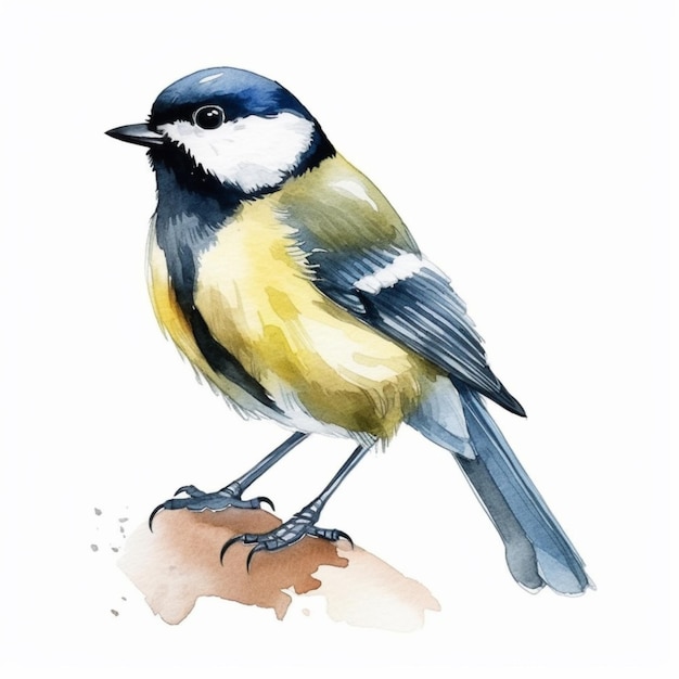 A watercolor painting of a bird with a blue head and white head.