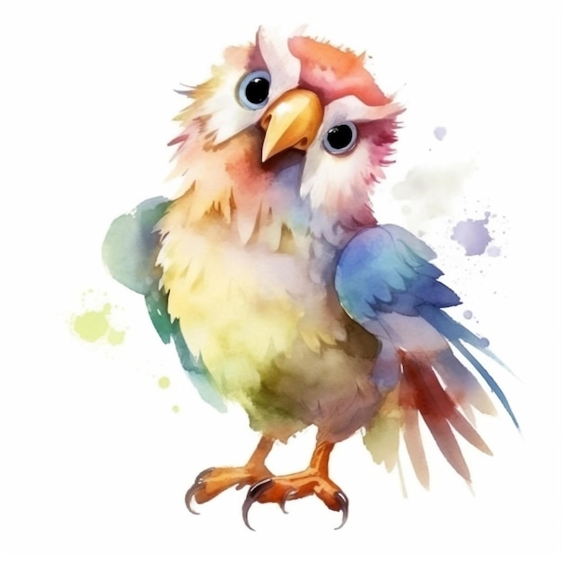 A watercolor painting of a bird with a blue and orange beak.