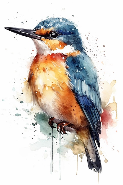 A watercolor painting of a bird with blue wings and a blue crown.