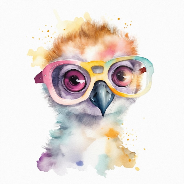 A watercolor painting of a bird with colorful glasses and a yellow rimmed hat.