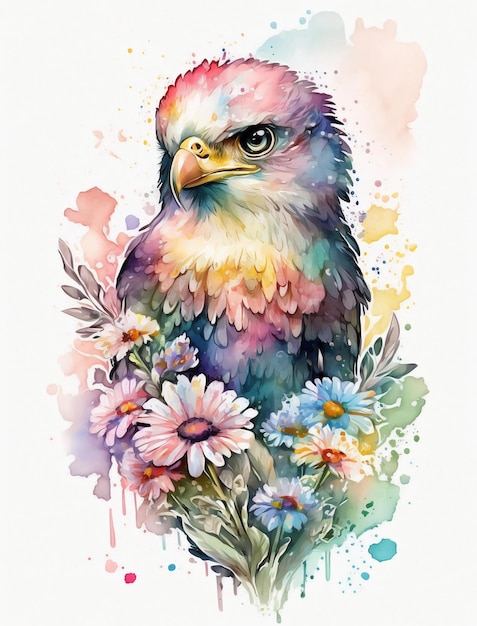 Watercolor painting of a bird with flowers and the words eagle on it