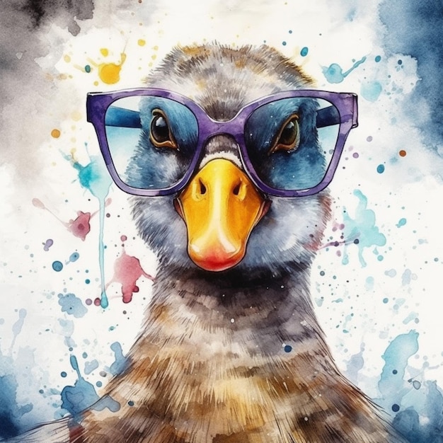 A watercolor painting of a bird with glasses and a purple eye.