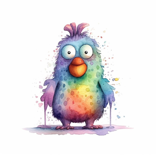 A watercolor painting of a bird with a rainbow colored head.