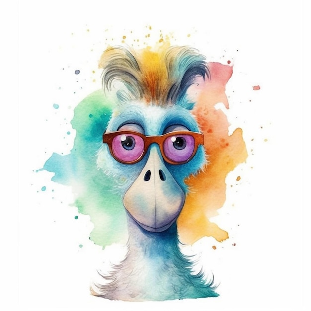 A watercolor painting of a bird with sunglasses on his head