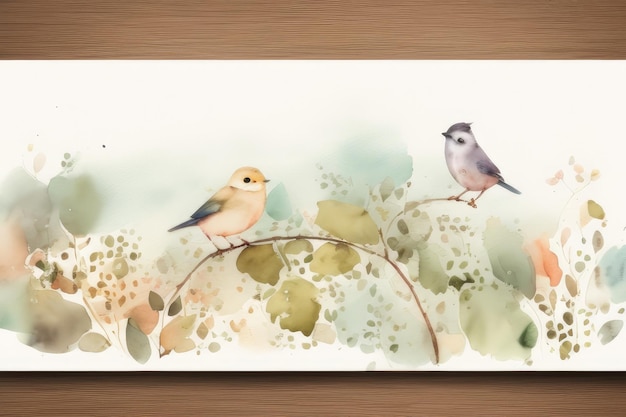 A watercolor painting of birds in a field with flowers and sky in the background